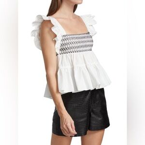 En Saison Shay Flutter Sleeve Smocked Top Size Medium White/Black
